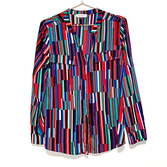 Calvin Klein Red Green Multicolored Striped Button Up Blouse size Medium - Picture 1 of 8